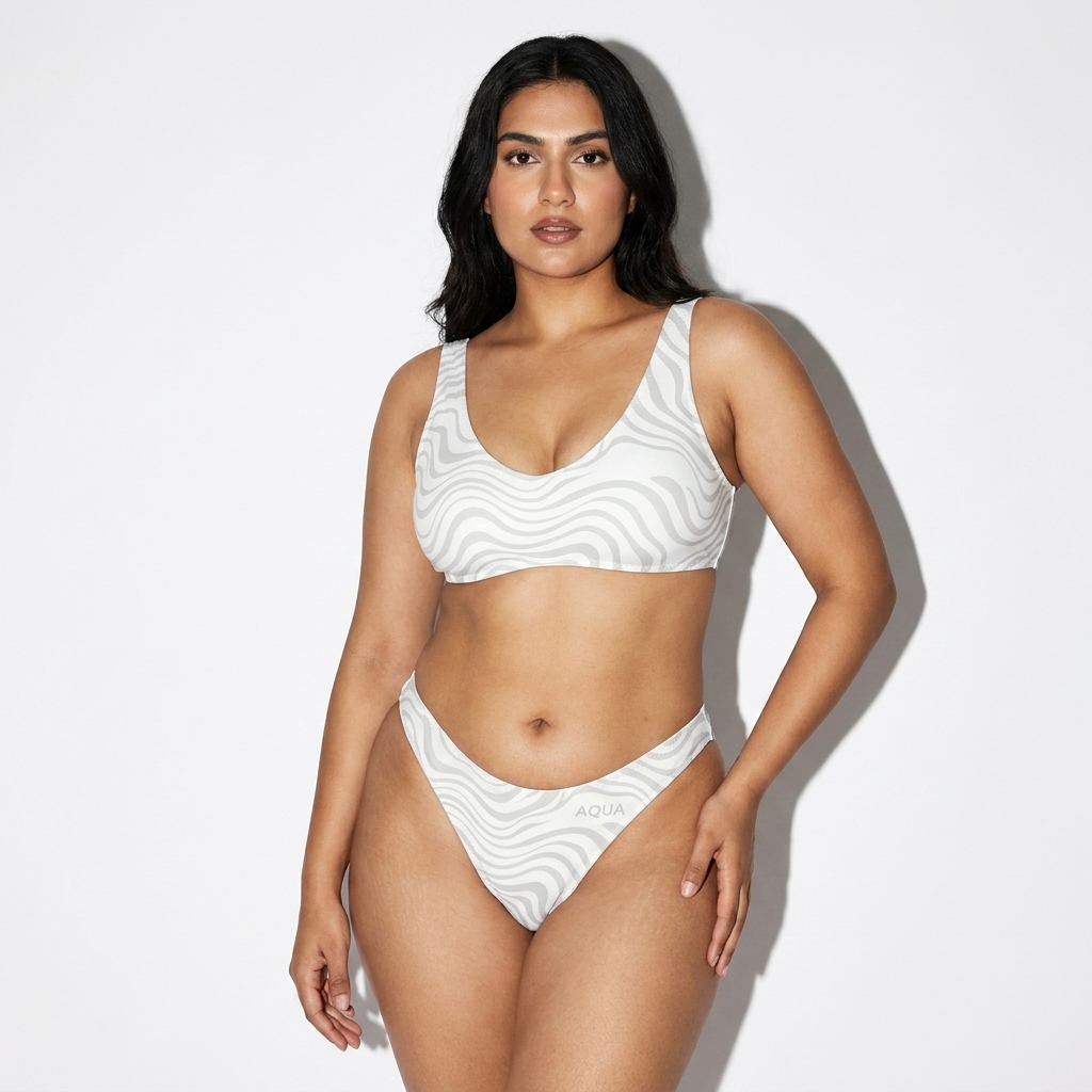Recycled V-Cut Bikini Bottom worn by a mid-size Pakistani female fashion influencer, preppy ivy styling, studio lookbook — custom recycled v-cut bikini bottom