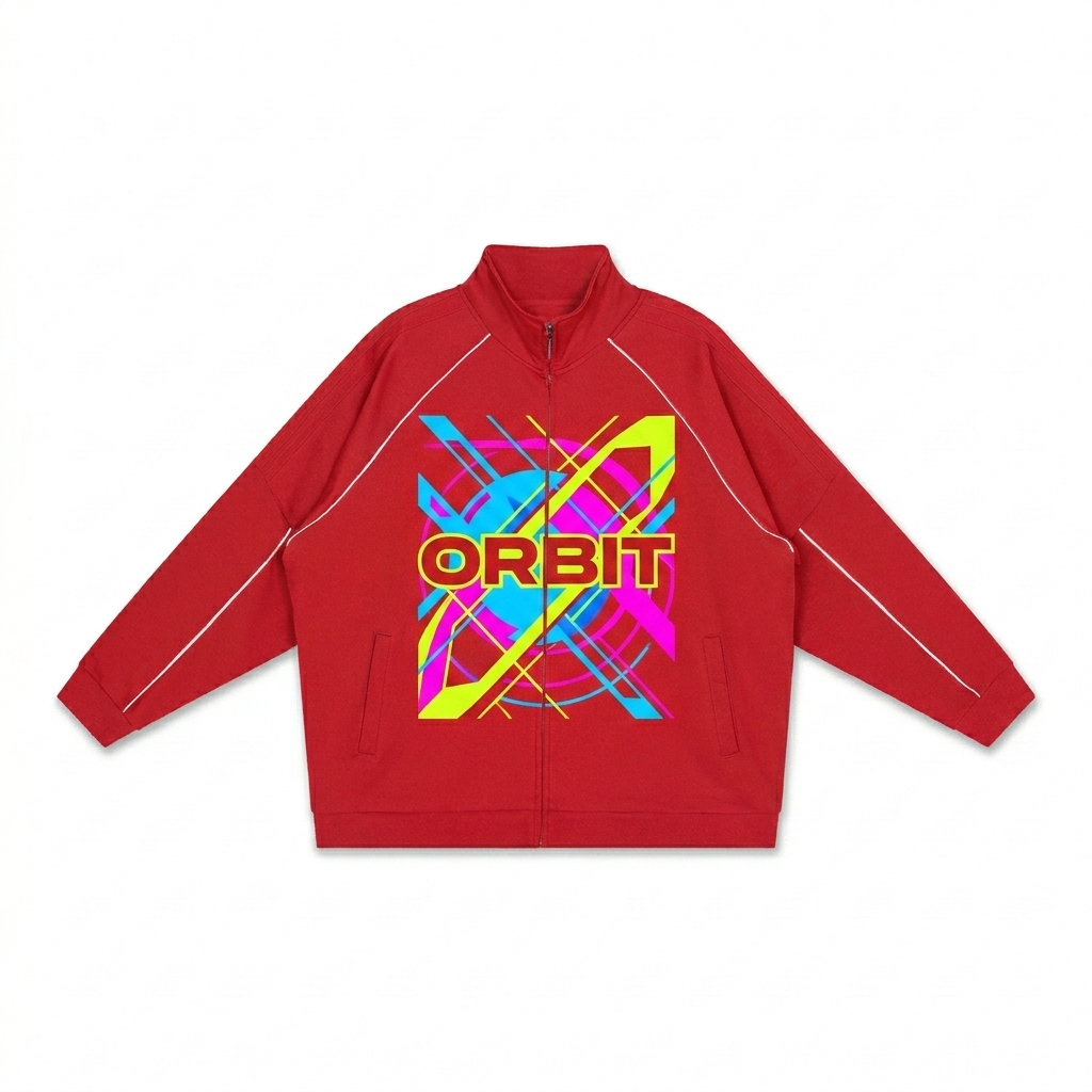 Custom Reflection Striped Raglan Jacket design direction 2: Bold Abstract Graphic featuring the ORBIT wordmark
