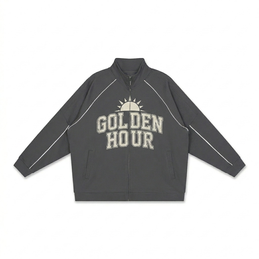 Custom Reflection Striped Raglan Jacket design direction 3: Retro Collegiate Emblem featuring the GOLDEN HOUR wordmark