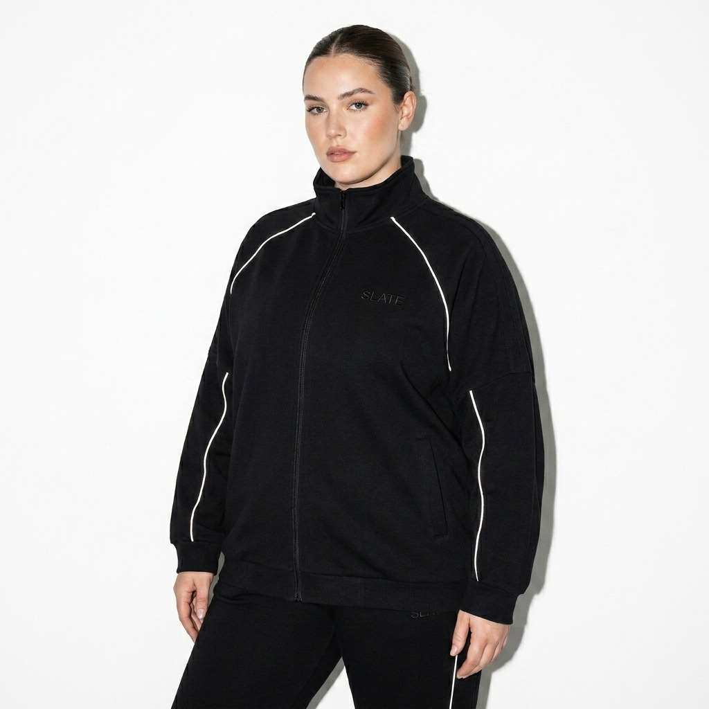 Reflection Striped Raglan Jacket worn by a curvy White European female fashion influencer, sporty athleisure styling, studio lookbook — custom reflection striped raglan jacket