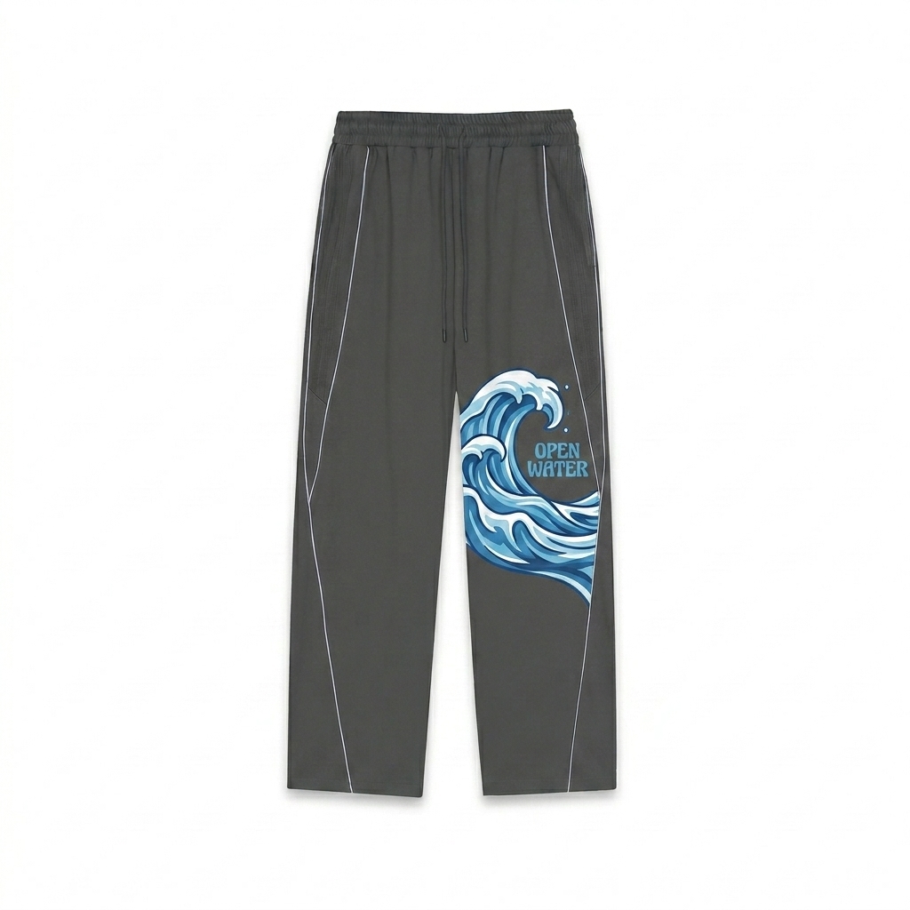 Custom Reflection Striped Straight-Leg Sweatpants design direction 2: Urban Graphic Illustration featuring the OPEN WATER wordmark