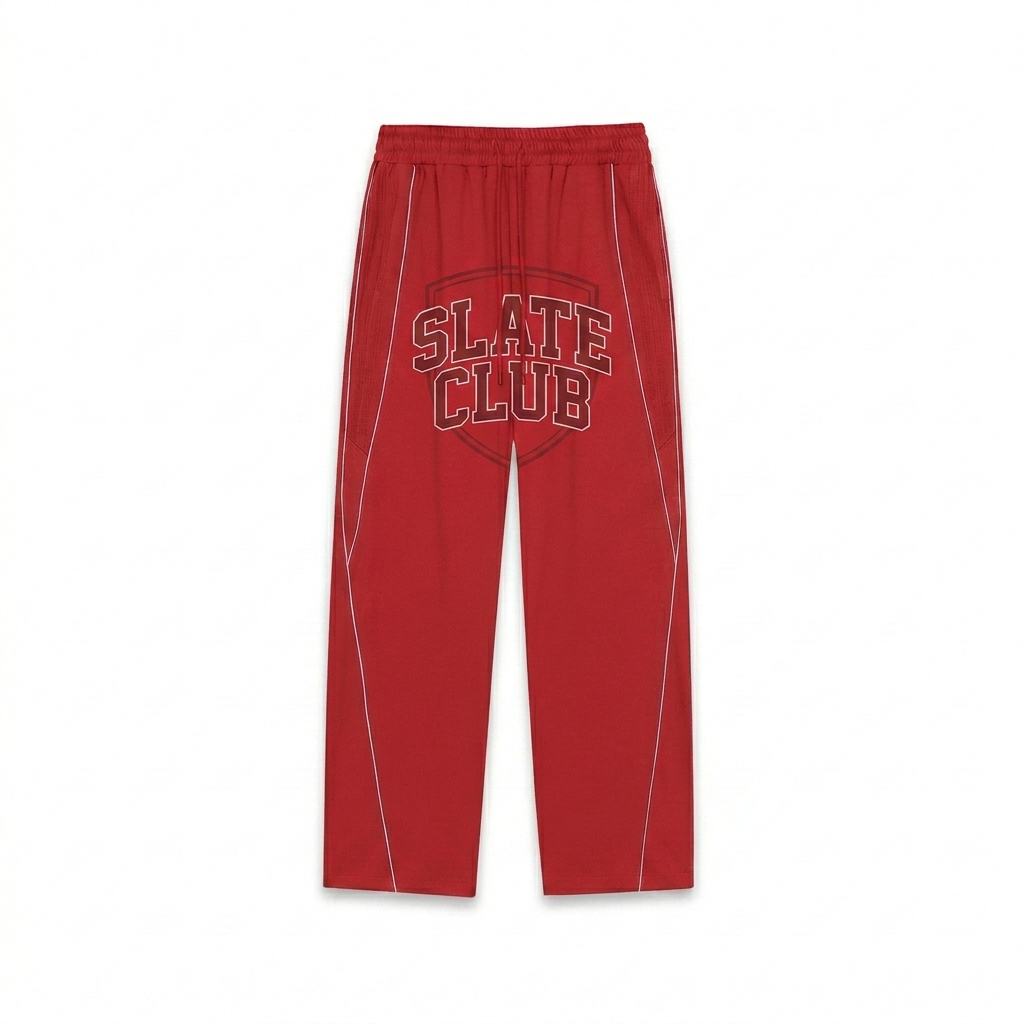 Custom Reflection Striped Straight-Leg Sweatpants design direction 3: Retro Collegiate Emblem featuring the SLATE CLUB wordmark