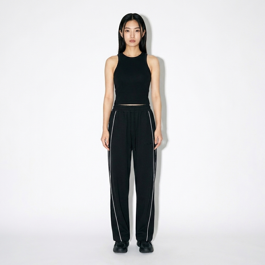 Reflection Striped Straight-Leg Sweatpants worn by a petite Japanese female fashion influencer, clean-girl minimal styling, studio lookbook — custom reflection striped straight-leg sweatpants