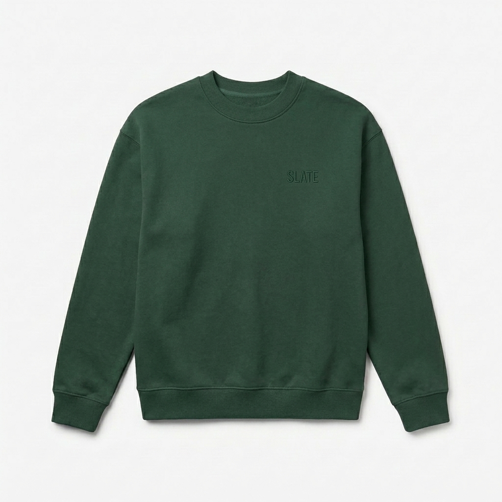 Custom Relaxed Crewneck Sweatshirt design direction 1: Tonal Minimalist Wordmark featuring the SLATE wordmark