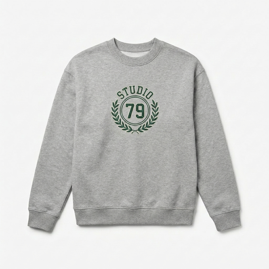 Custom Relaxed Crewneck Sweatshirt design direction 3: Retro Collegiate Emblem featuring the STUDIO 79 wordmark