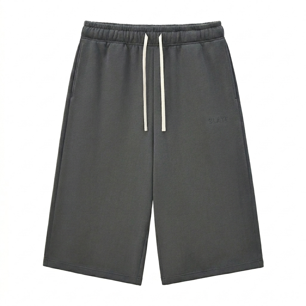 Custom Relaxed Fit Drawstring Sweatshorts design direction 1: Tonal Minimalist Wordmark featuring the SLATE wordmark