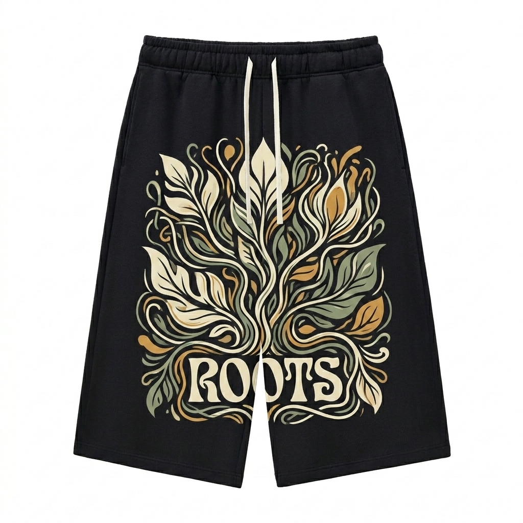 Custom Relaxed Fit Drawstring Sweatshorts design direction 2: Bold Graphic Illustration featuring the ROOTS wordmark