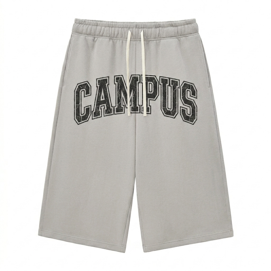 Custom Relaxed Fit Drawstring Sweatshorts design direction 3: Retro Collegiate Typography featuring the CAMPUS wordmark