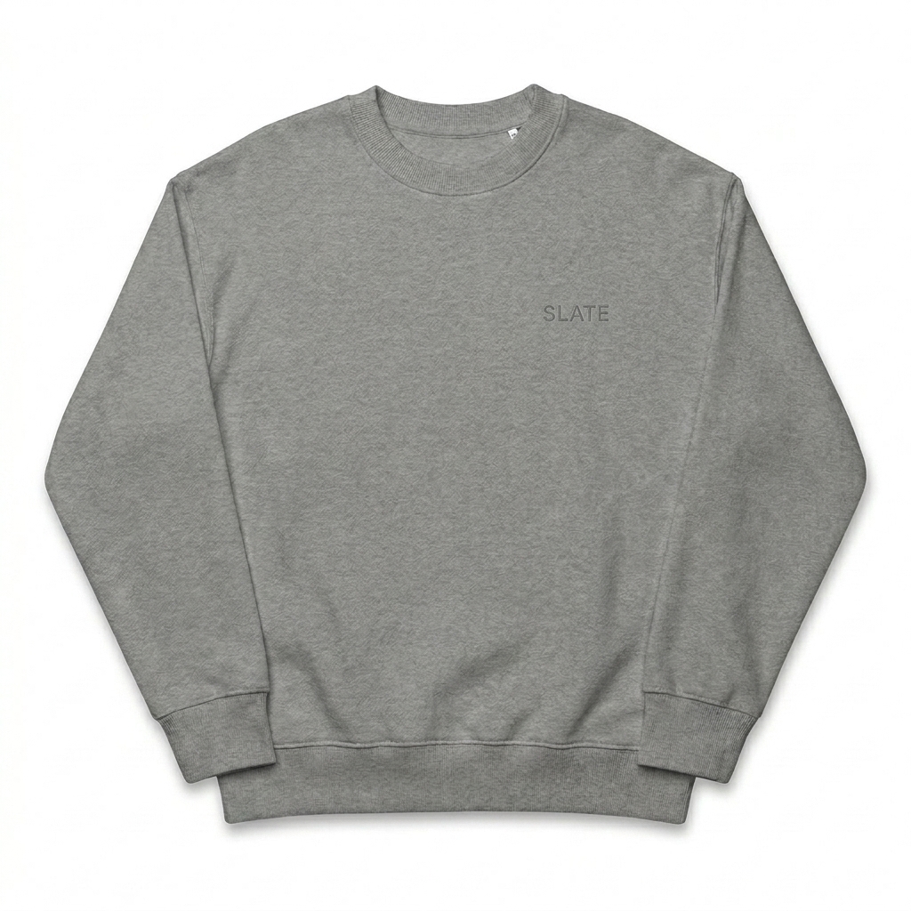 Custom Relaxed Fit Knitted Crewneck Sweater design direction 1: Tonal Minimalist Wordmark featuring the SLATE wordmark