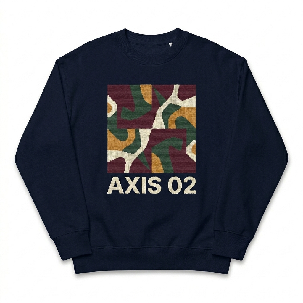 Custom Relaxed Fit Knitted Crewneck Sweater design direction 2: Bauhaus Geometric Pattern featuring the AXIS 02 wordmark