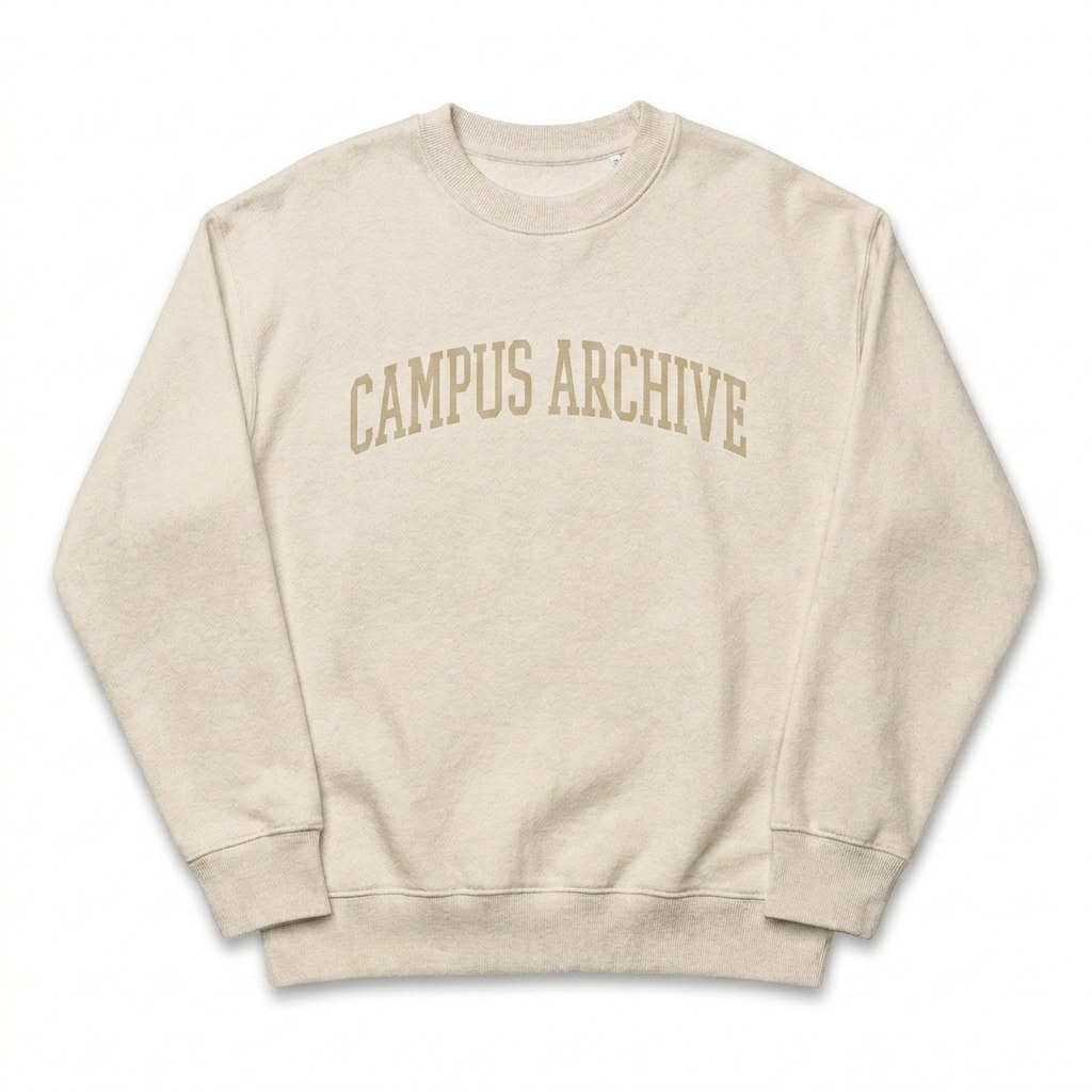 Custom Relaxed Fit Knitted Crewneck Sweater design direction 3: Retro Collegiate Wordmark featuring the CAMPUS ARCHIVE wordmark