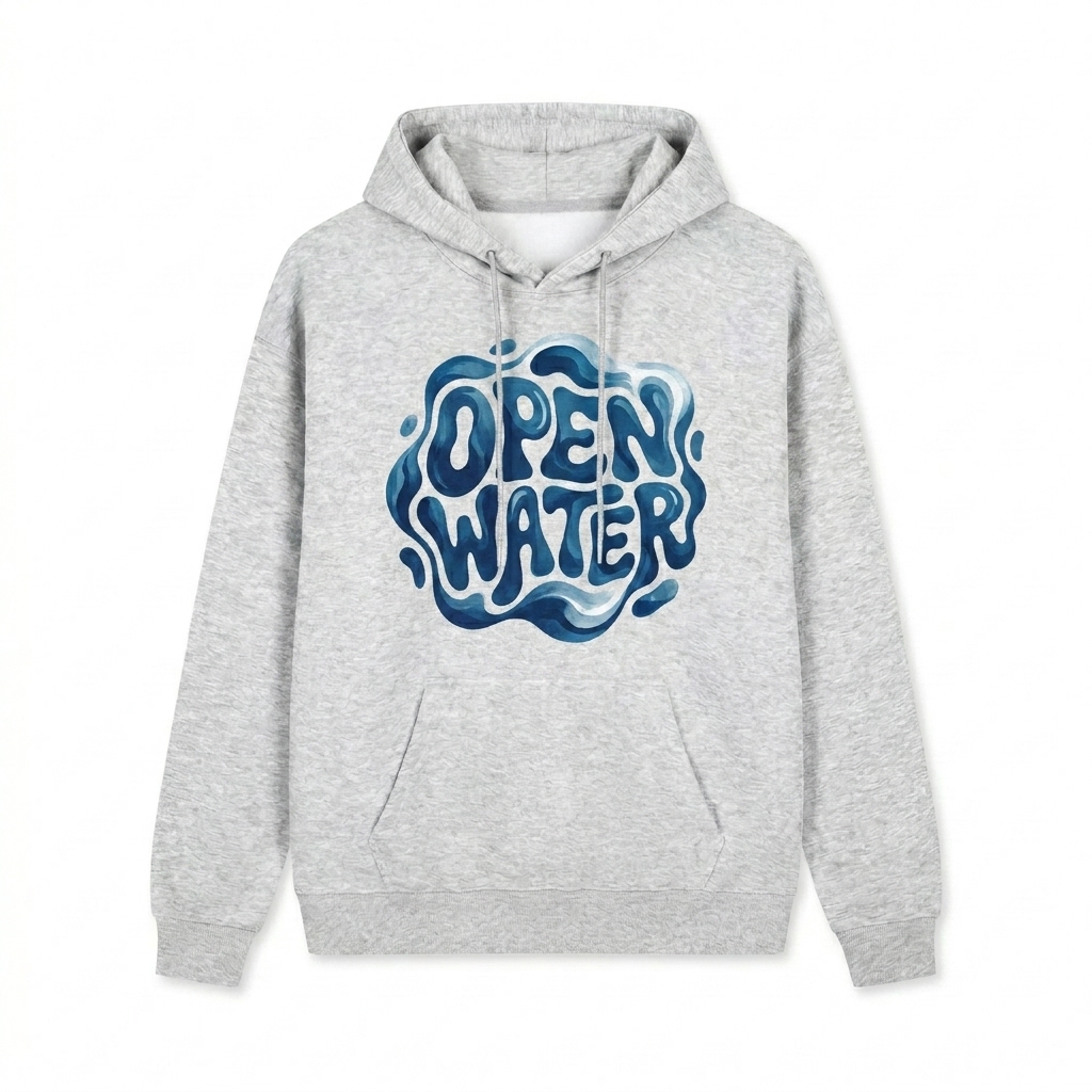 Custom Relaxed Fit Pullover Hoodie design direction 2: Bold Abstract Graphic featuring the OPEN WATER wordmark