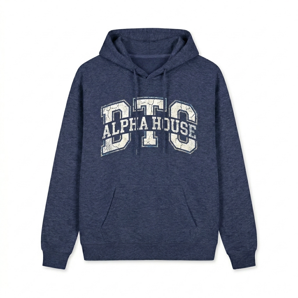 Custom Relaxed Fit Pullover Hoodie design direction 3: Retro Collegiate Emblem featuring the ALPHA HOUSE wordmark