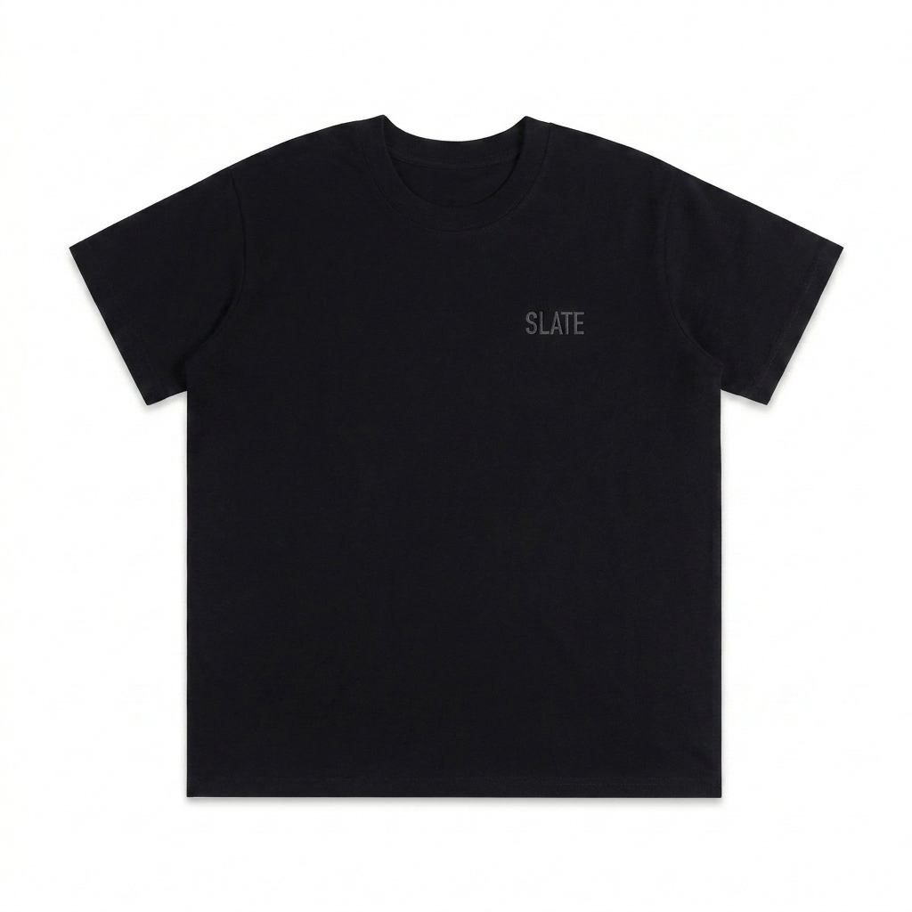 Custom Relaxed Fit Seamless T-Shirt design direction 1: Tonal Minimalist Wordmark featuring the SLATE wordmark