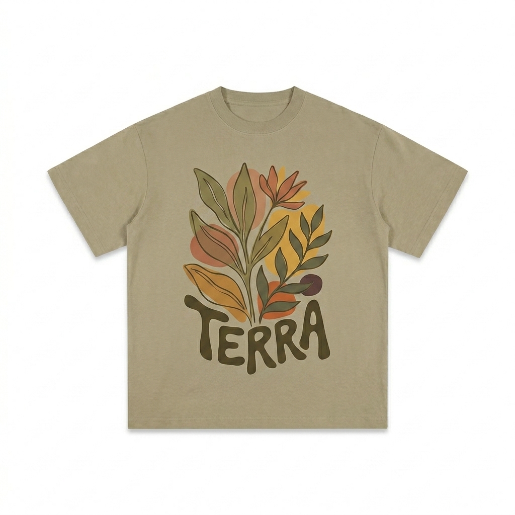 Custom Reverse Dye Cotton T-Shirt design direction 2: Bold Graphic Illustration featuring the TERRA wordmark