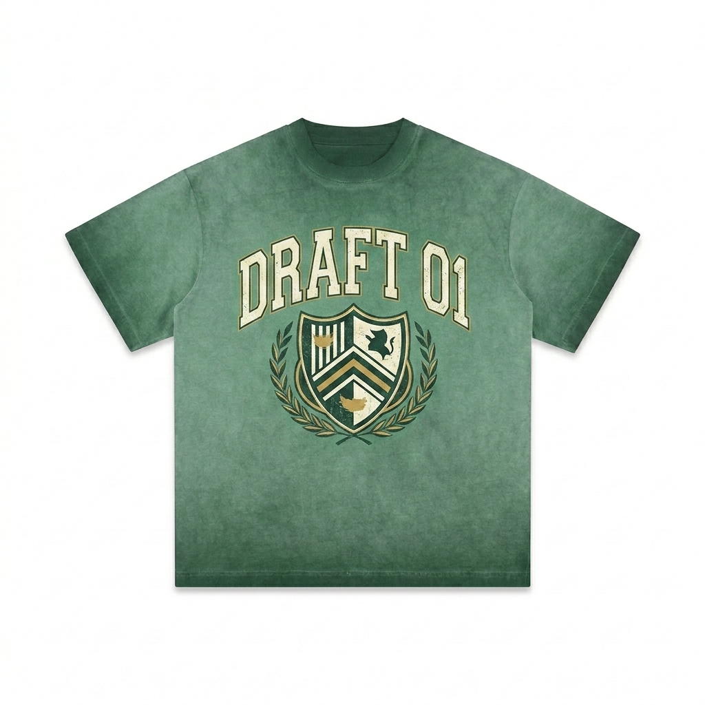 Custom Reverse Dye Cotton T-Shirt design direction 3: Retro Collegiate Emblem featuring the DRAFT 01 wordmark