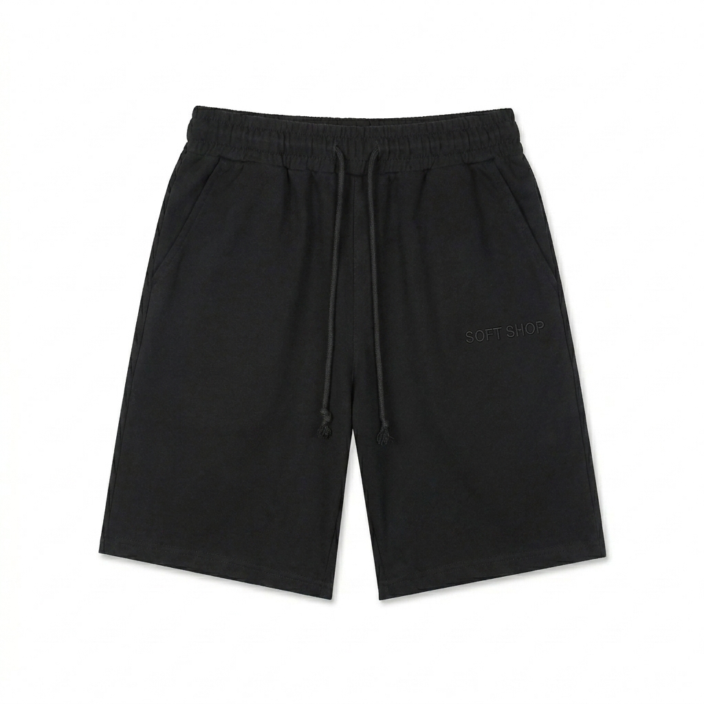 Custom Reverse Dyed Sweatshorts design direction 1: Minimalist Wordmark featuring the SOFT SHOP wordmark