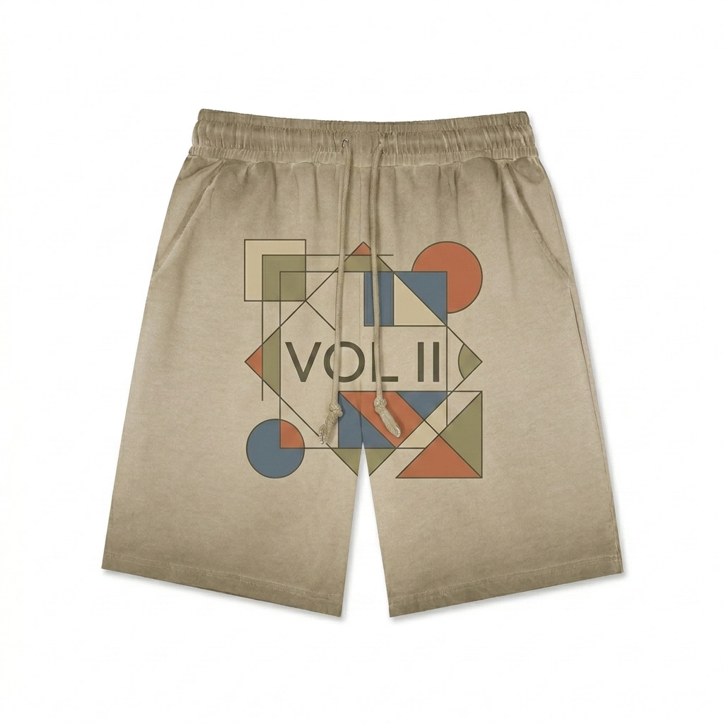 Custom Reverse Dyed Sweatshorts design direction 2: Abstract Graphic featuring the VOL II wordmark