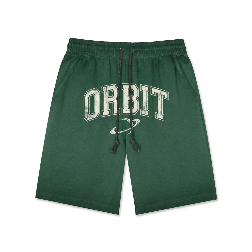 Custom Reverse Dyed Sweatshorts design direction 3: Retro Collegiate Emblem featuring the ORBIT wordmark