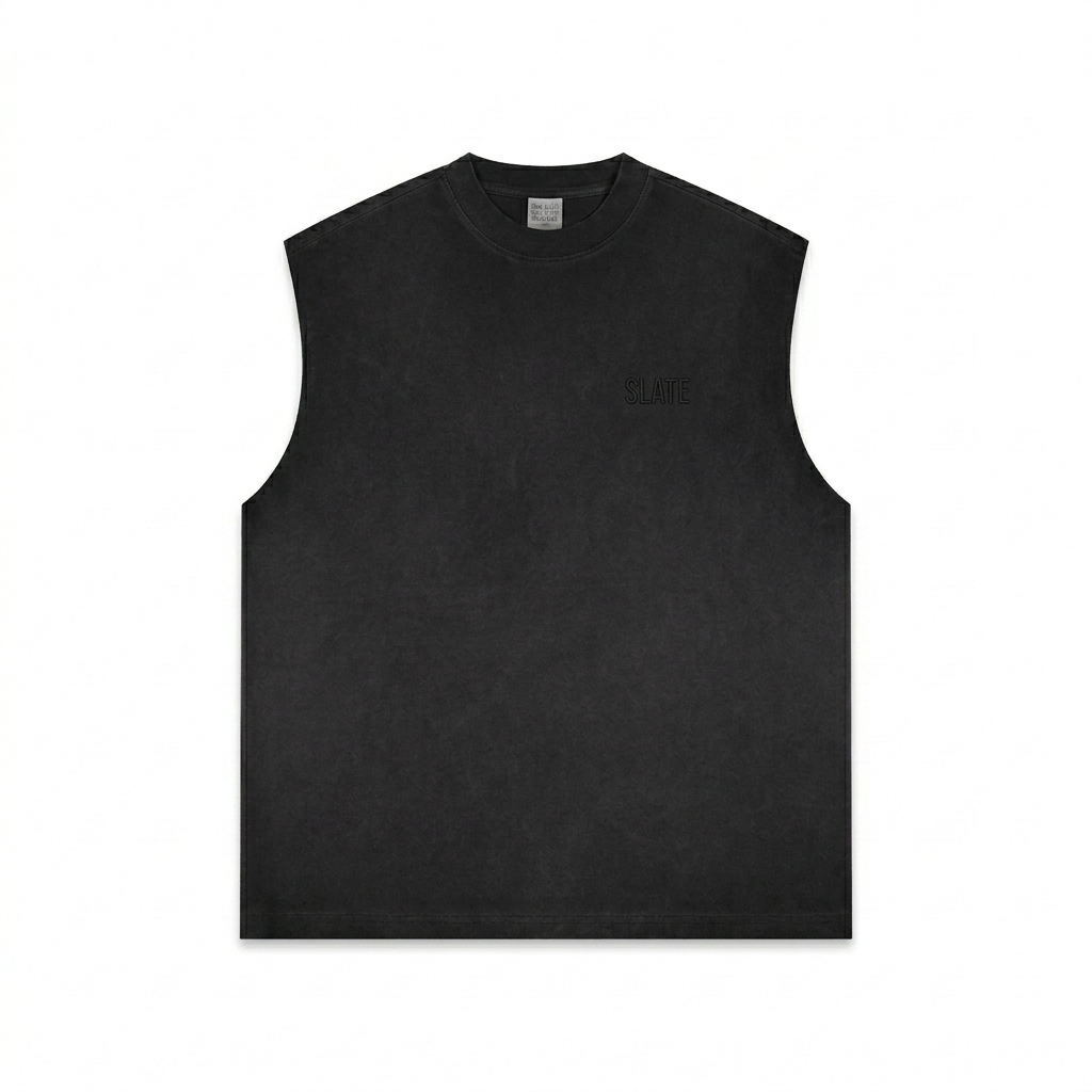 Custom Reverse Washed Tank Top design direction 1: Tonal Left Chest Wordmark featuring the SLATE wordmark