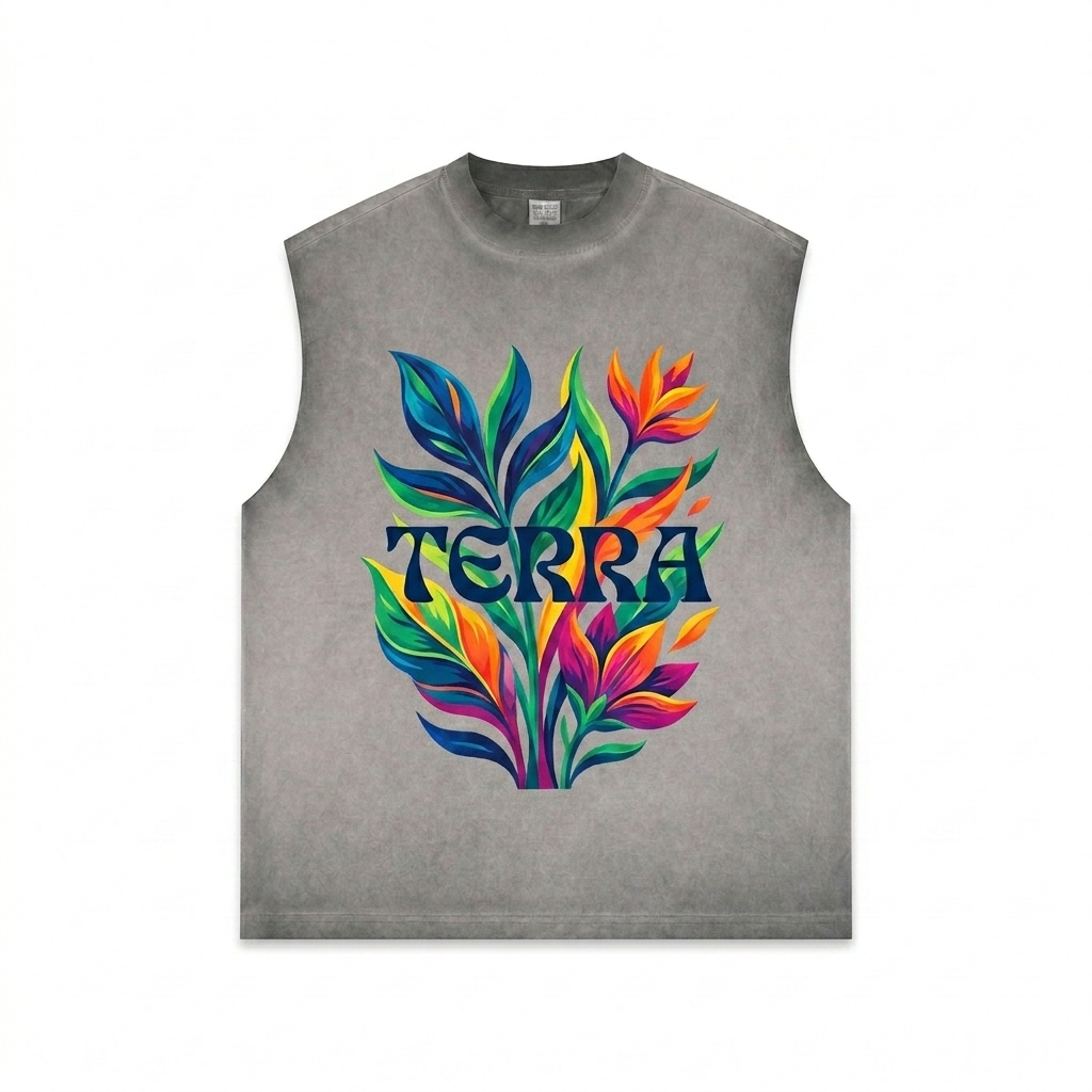 Custom Reverse Washed Tank Top design direction 2: Abstract Botanical Graphic featuring the TERRA wordmark