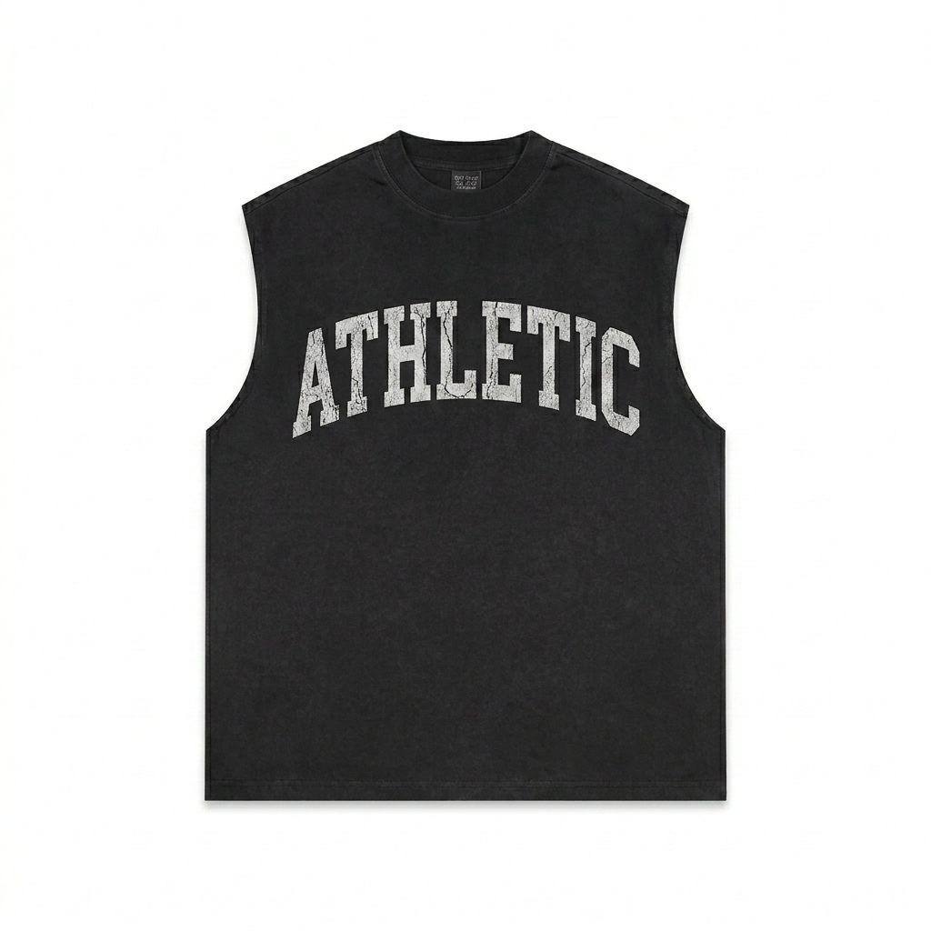 Custom Reverse Washed Tank Top design direction 3: Distressed Collegiate Text featuring the 9TH MOVEMENT wordmark