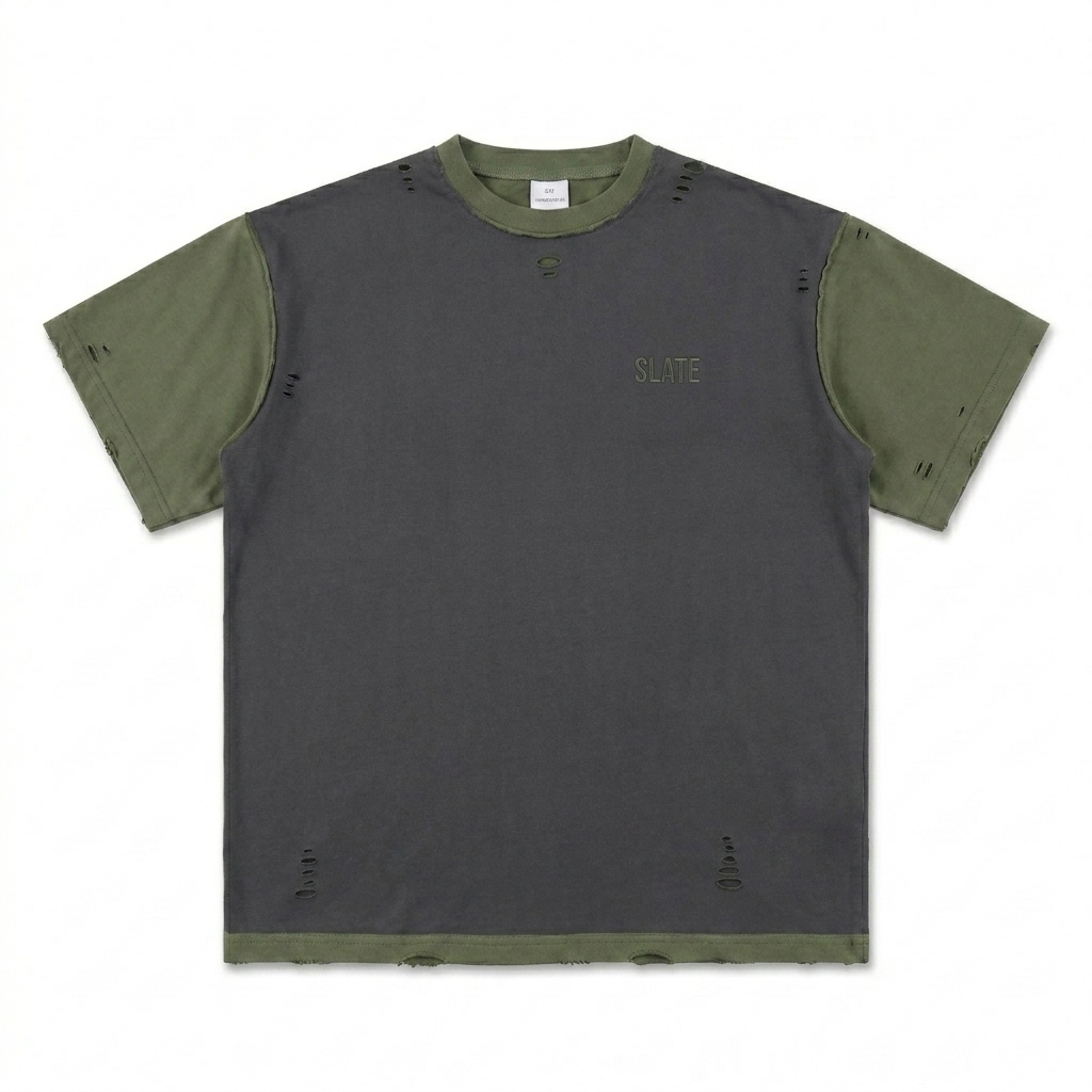 Custom Reversible Hand-Frayed T-Shirt design direction 1: Tonal Luxe Wordmark featuring the SLATE wordmark