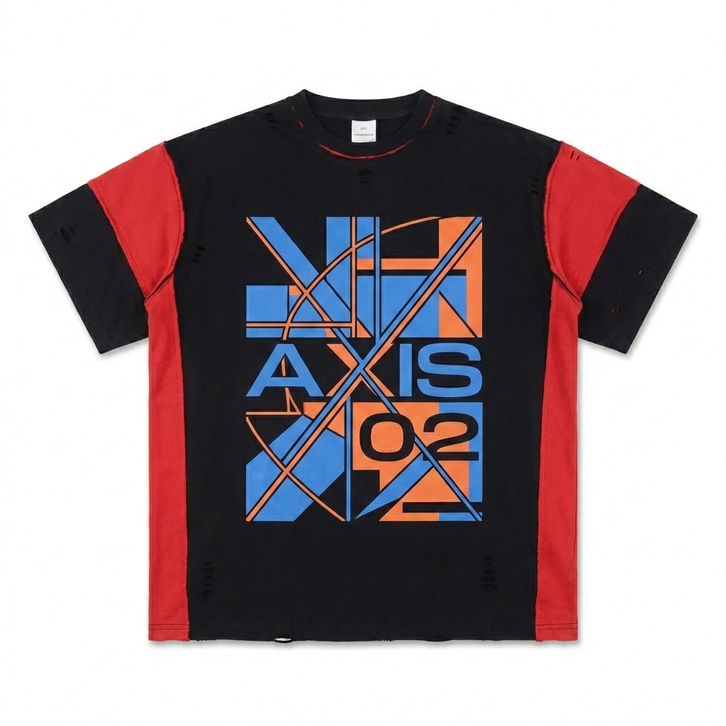 Custom Reversible Hand-Frayed T-Shirt design direction 2: Abstract Geometric Graphic featuring the AXIS 02 wordmark