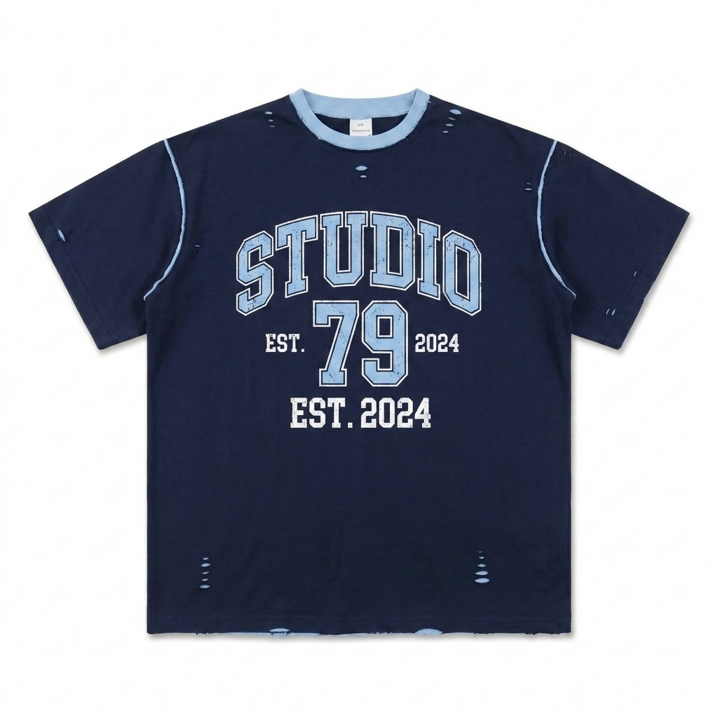 Custom Reversible Hand-Frayed T-Shirt design direction 3: Retro Collegiate Emblem featuring the STUDIO 79 wordmark