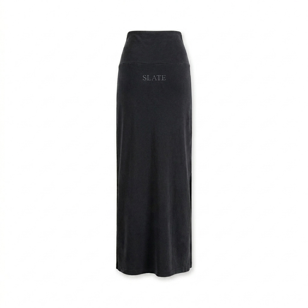 Custom Reversible Washed Maxi Skirt design direction 1: Subtle Heritage Wordmark featuring the SLATE wordmark
