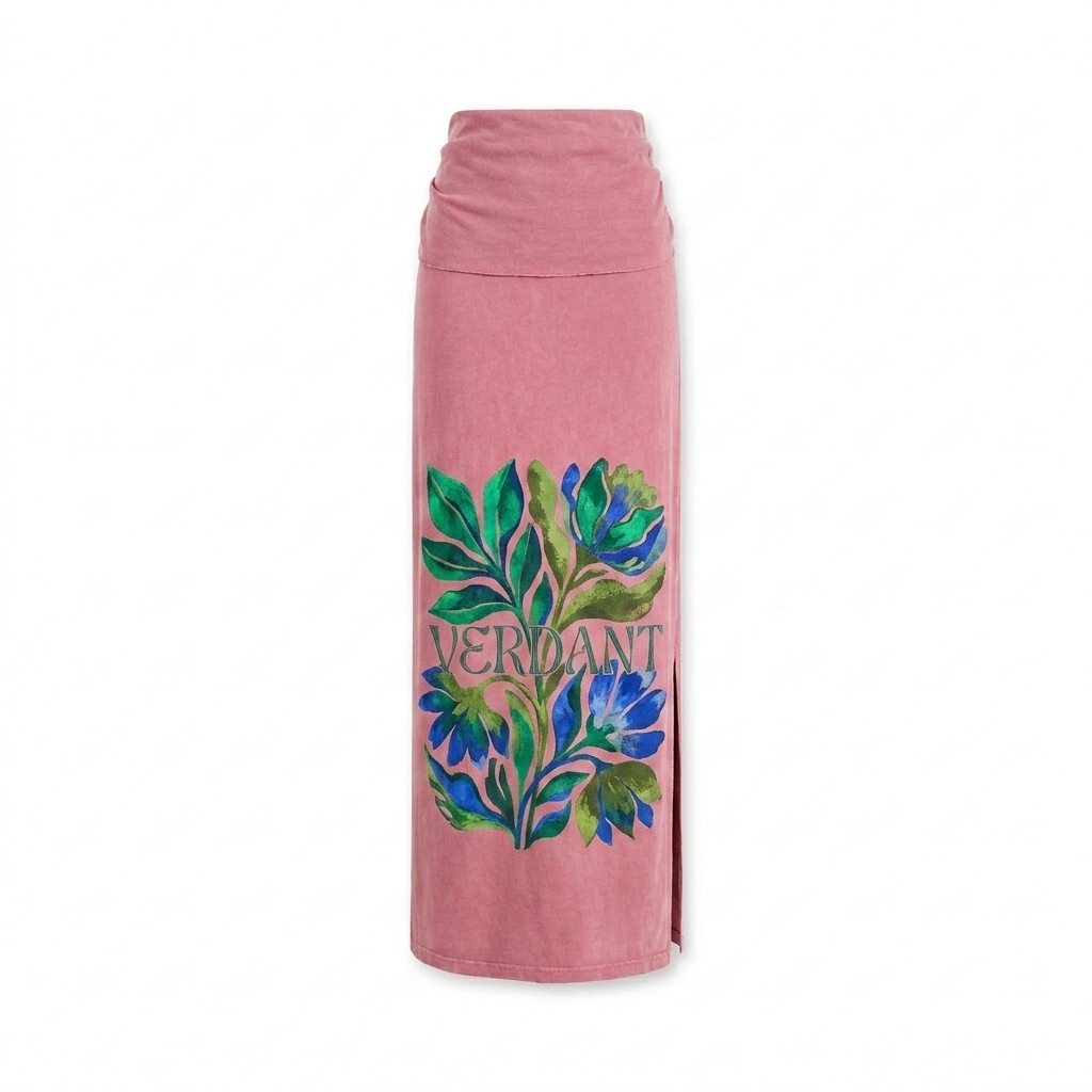 Custom Reversible Washed Maxi Skirt design direction 2: Abstract Botanical Print featuring the VERDANT wordmark