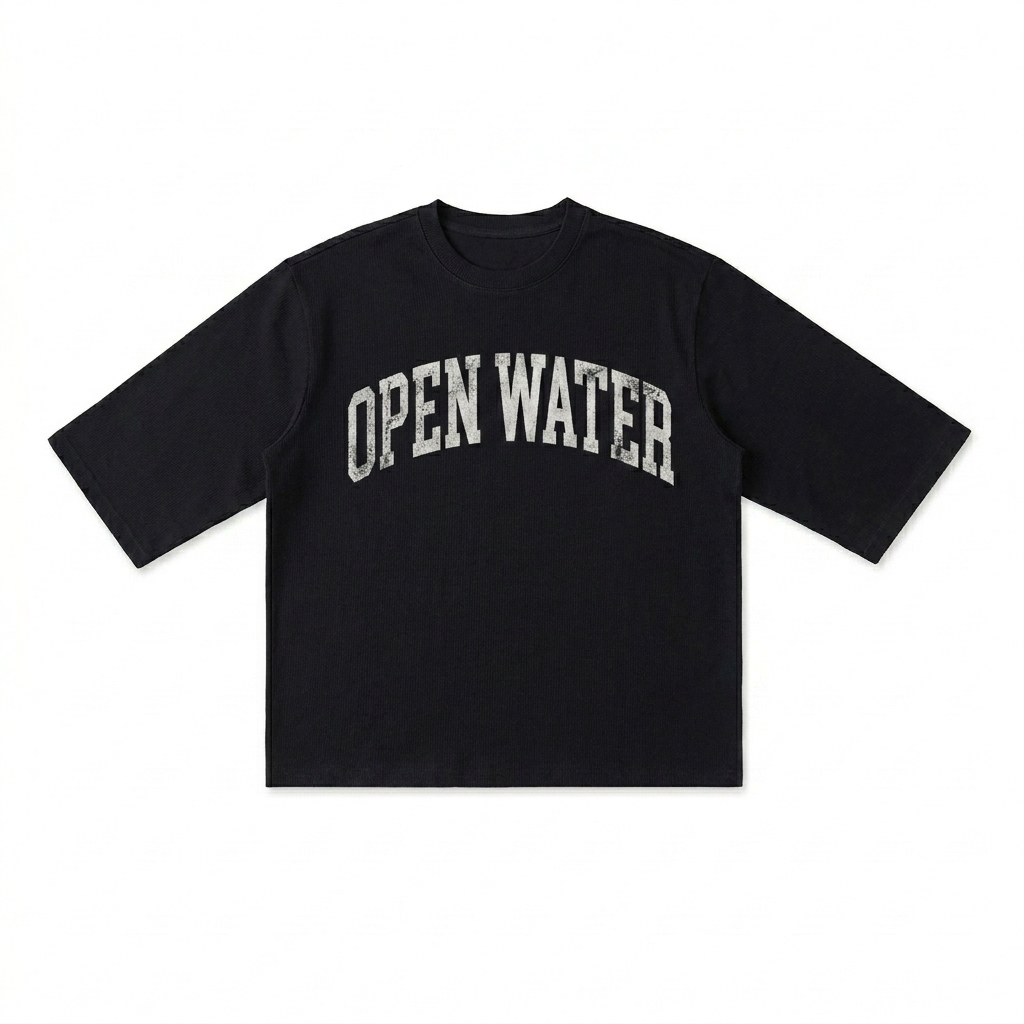 Custom Ribbed Half-Sleeve T-Shirt design direction 3: Retro Collegiate Wordmark featuring the OPEN WATER wordmark