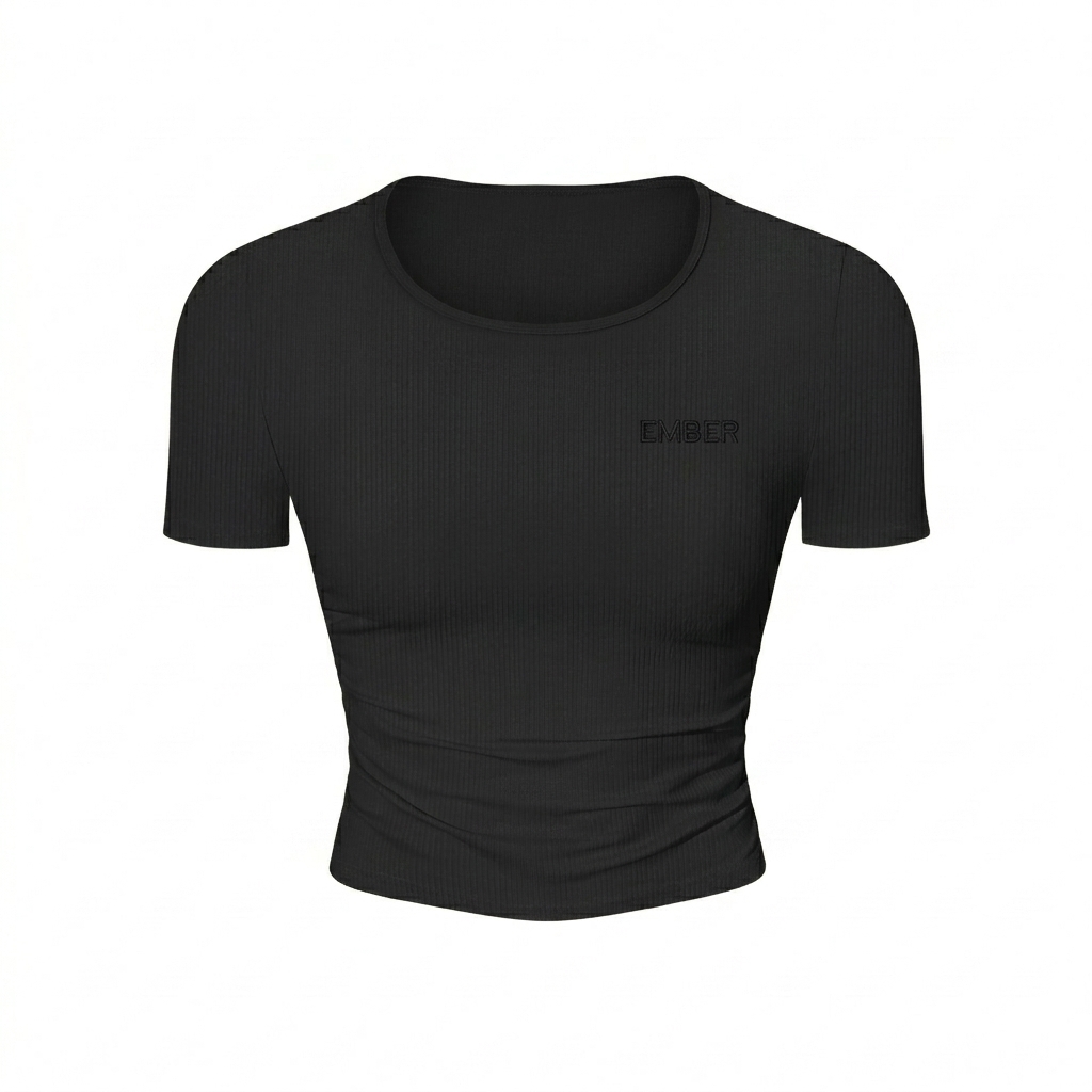 Custom Ruched Bodycon Crop Top design direction 1: Tonal Minimalist Wordmark featuring the EMBER wordmark