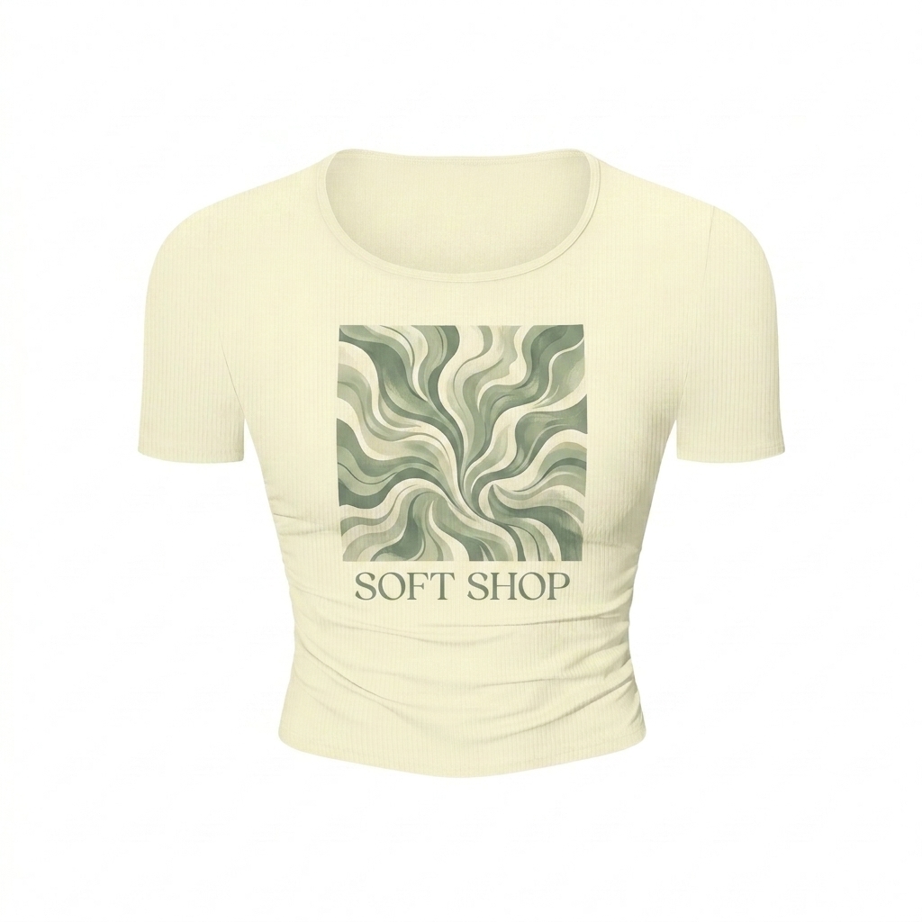 Custom Ruched Bodycon Crop Top design direction 2: Bold Abstract Graphic featuring the SOFT SHOP wordmark