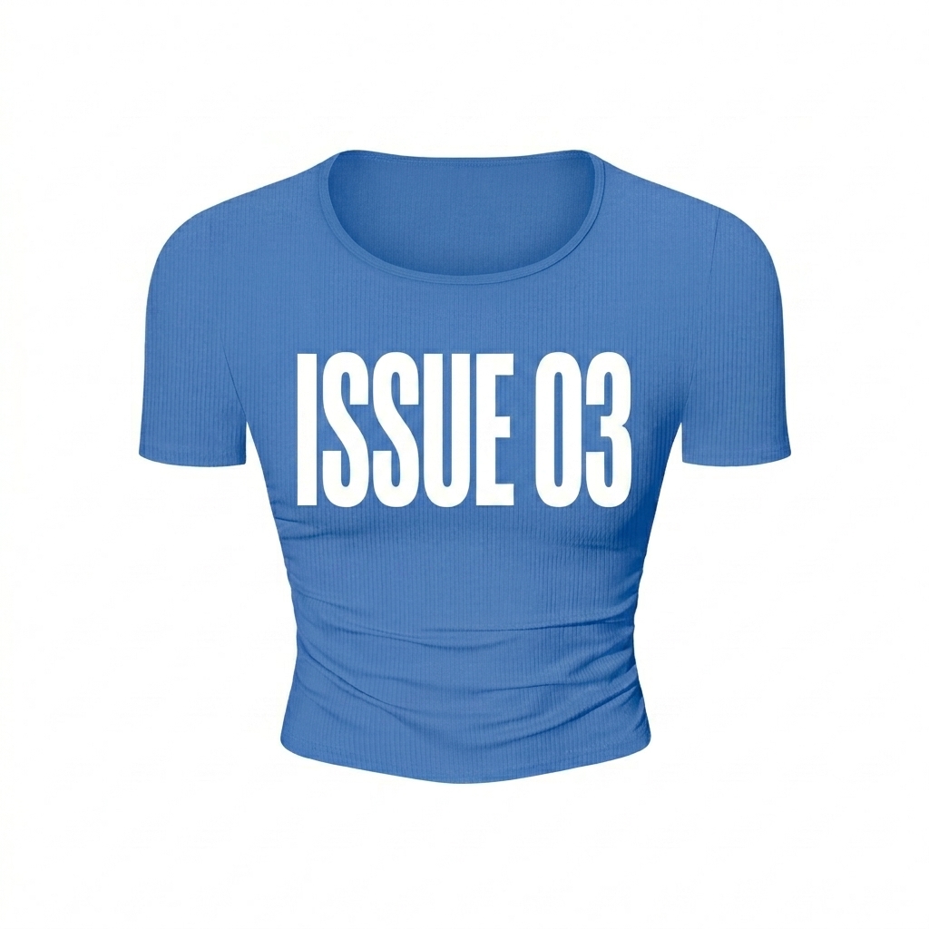 Custom Ruched Bodycon Crop Top design direction 3: Typography Experiment featuring the ISSUE 03 wordmark