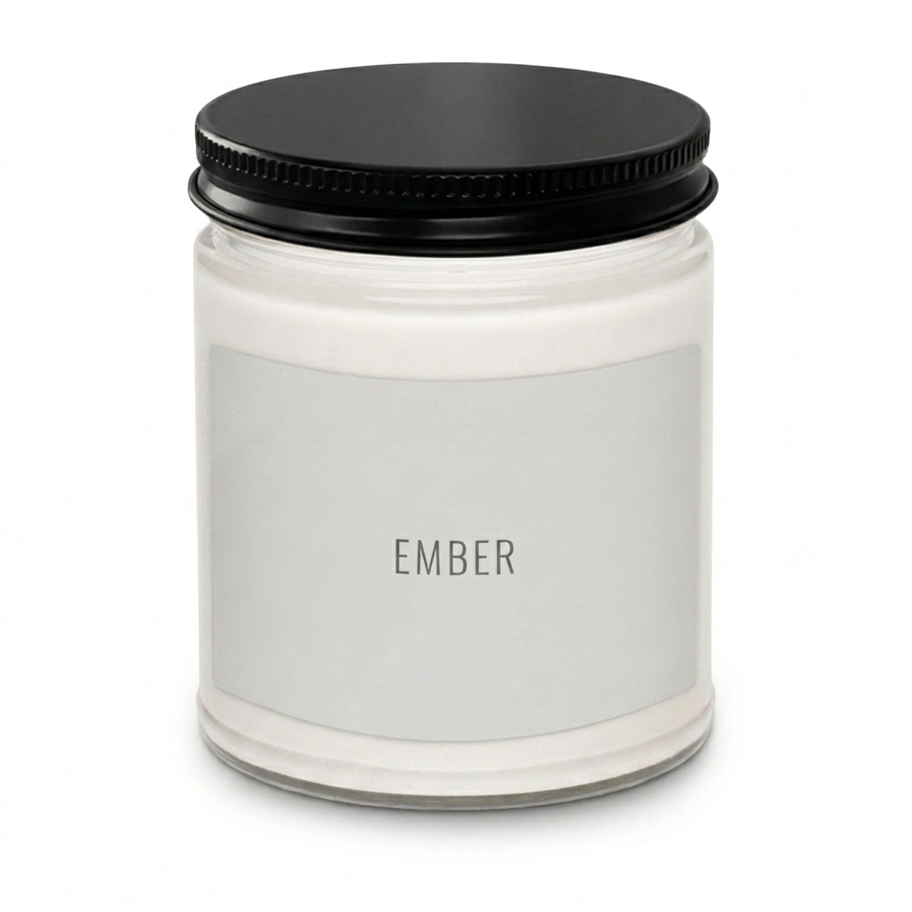 Custom Scented Soy Candle design direction 1: Minimalist Wordmark featuring the EMBER wordmark
