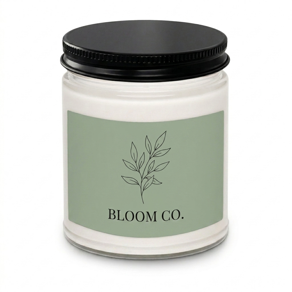 Custom Scented Soy Candle design direction 2: Botanical Illustration featuring the BLOOM CO. wordmark