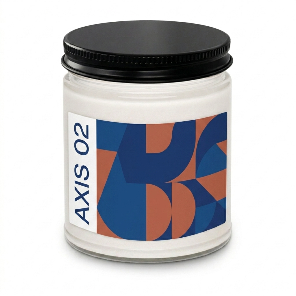 Custom Scented Soy Candle design direction 3: Abstract Geometric featuring the AXIS 02 wordmark