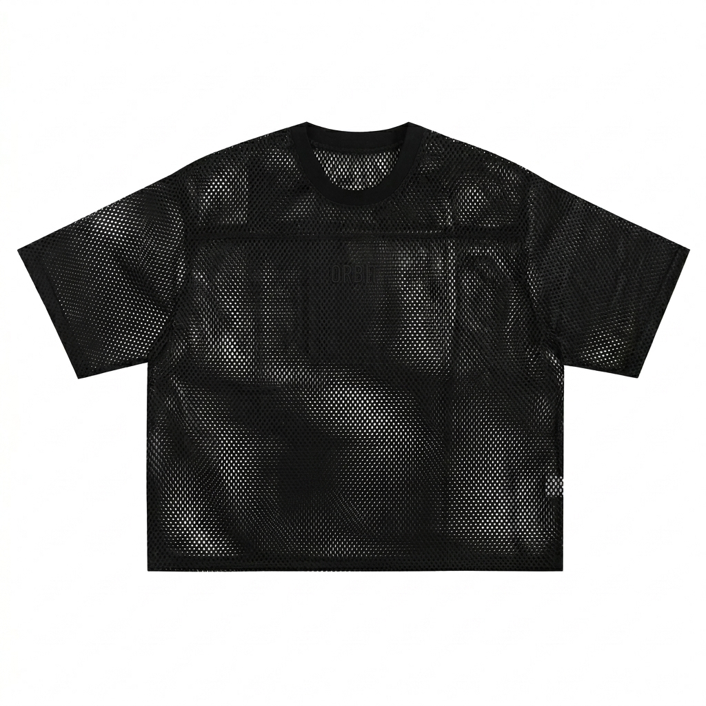 Custom See-through Boxy Net T-Shirt design direction 1: Tonal Utility Wordmark featuring the ORBIT wordmark