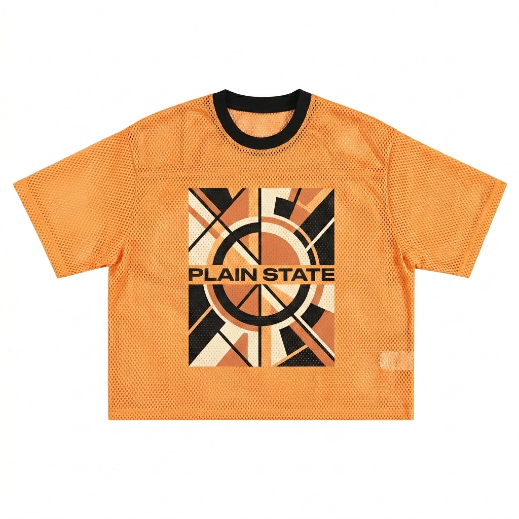 Custom See-through Boxy Net T-Shirt design direction 2: Bold Abstract Graphic featuring the PLAIN STATE wordmark