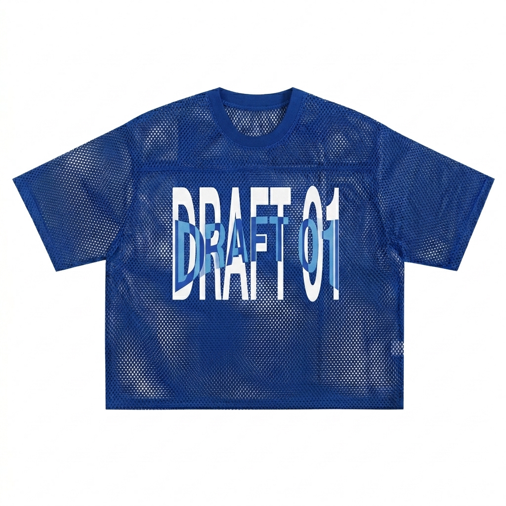 Custom See-through Boxy Net T-Shirt design direction 3: Deconstructed Typography featuring the DRAFT 01 wordmark