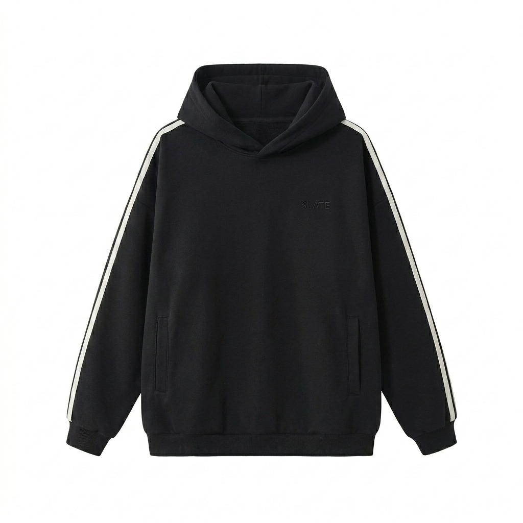 Custom Side Stripe Drop-Shoulder Hoodie design direction 1: Tonal Left Chest Wordmark featuring the SLATE wordmark