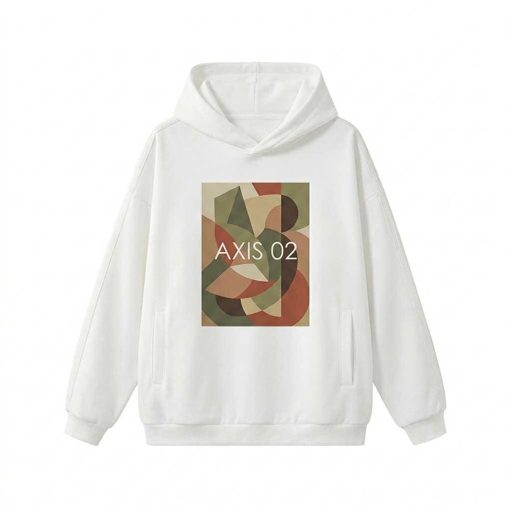 Custom Side Stripe Drop-Shoulder Hoodie design direction 2: Abstract Geometric Graphic featuring the AXIS 02 wordmark