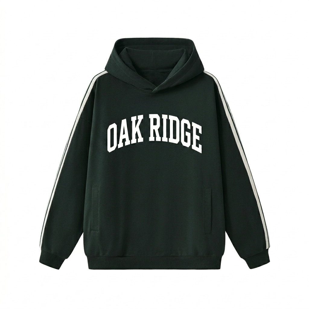 Custom Side Stripe Drop-Shoulder Hoodie design direction 3: Collegiate Arch Wordmark featuring the OAK RIDGE wordmark