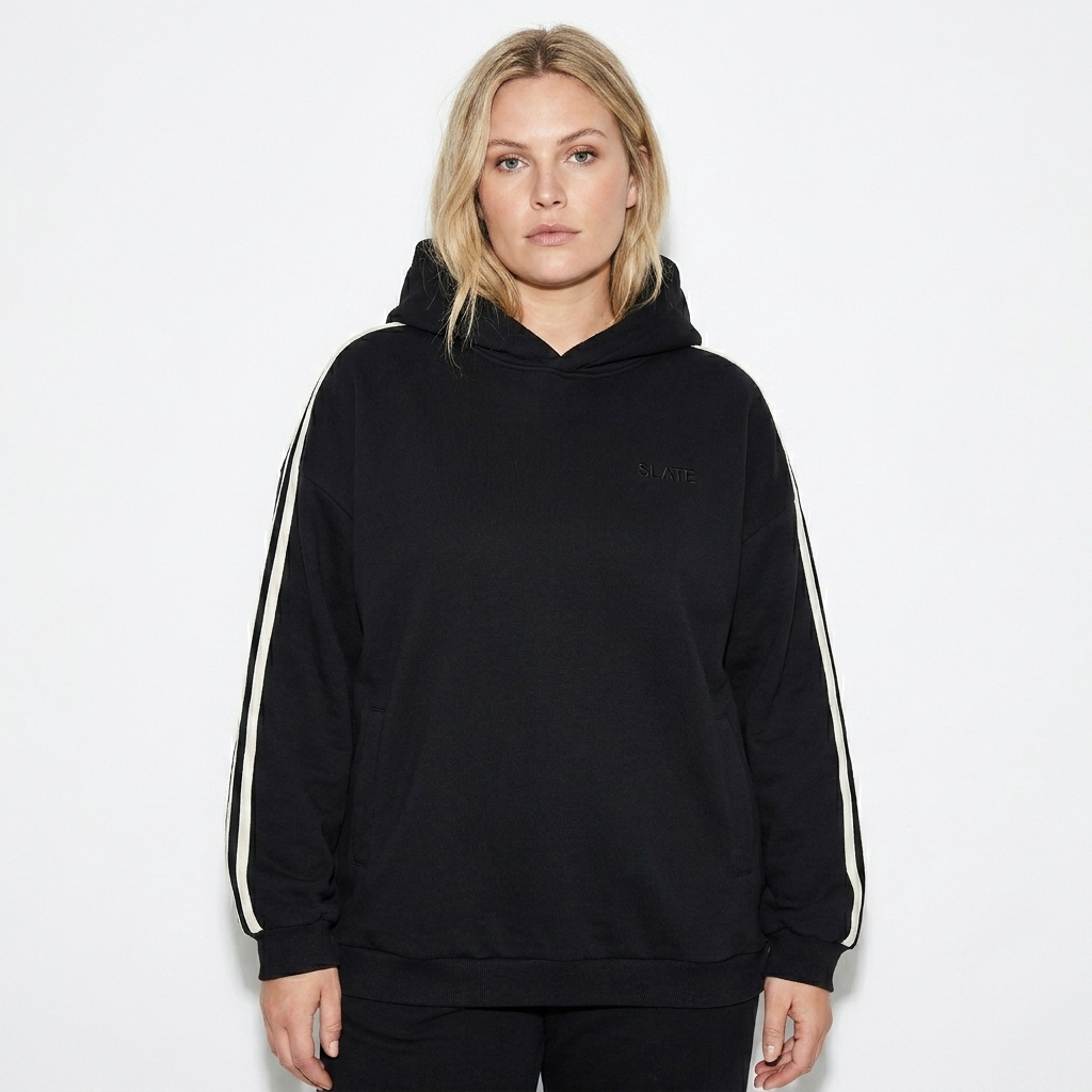 Side Stripe Drop-Shoulder Hoodie worn by a mid-size Scandinavian female fashion influencer, downtown streetwear styling, studio lookbook — custom side stripe drop-shoulder hoodie