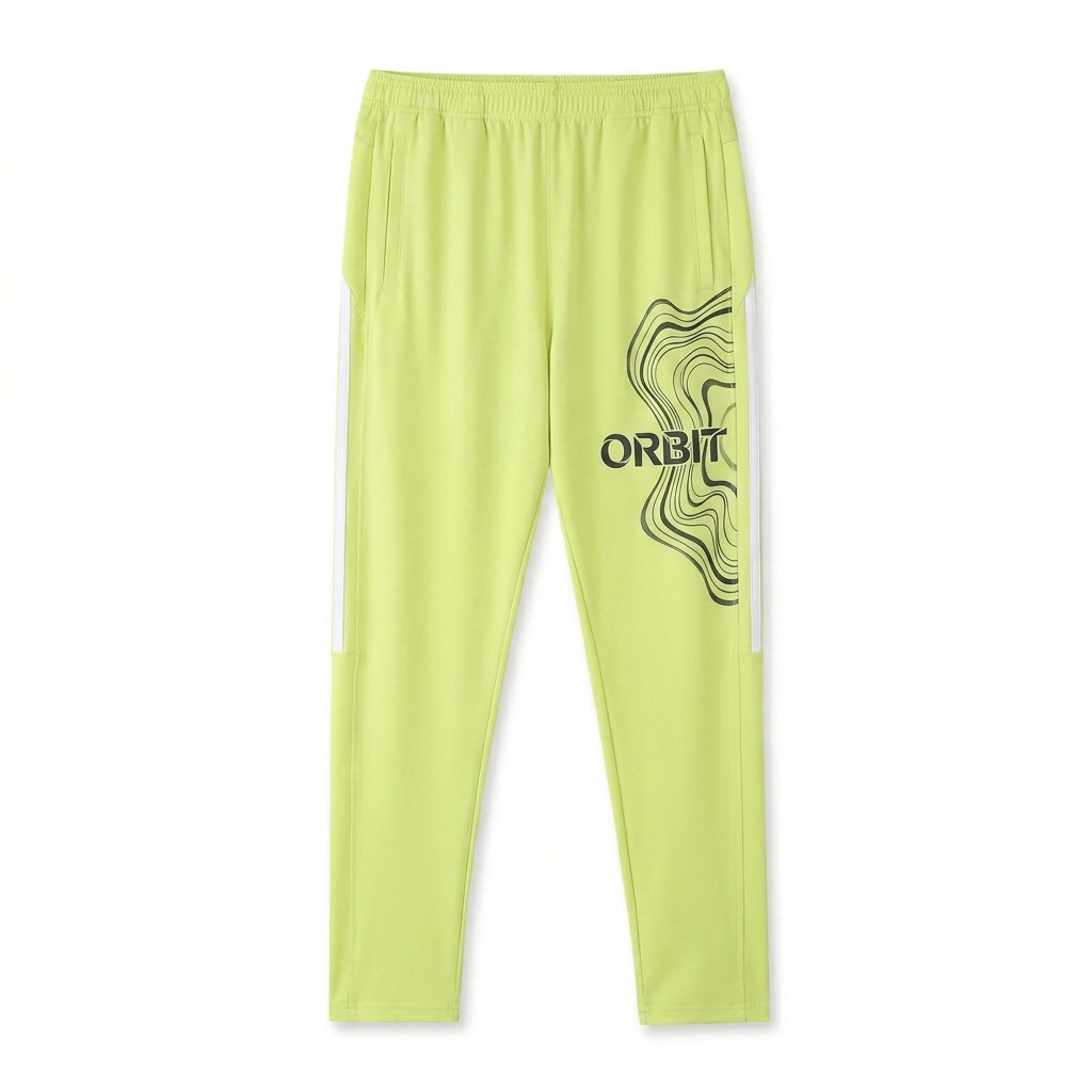 Custom Side Stripe Running Pants design direction 2: Abstract Graphic Flow featuring the ORBIT wordmark