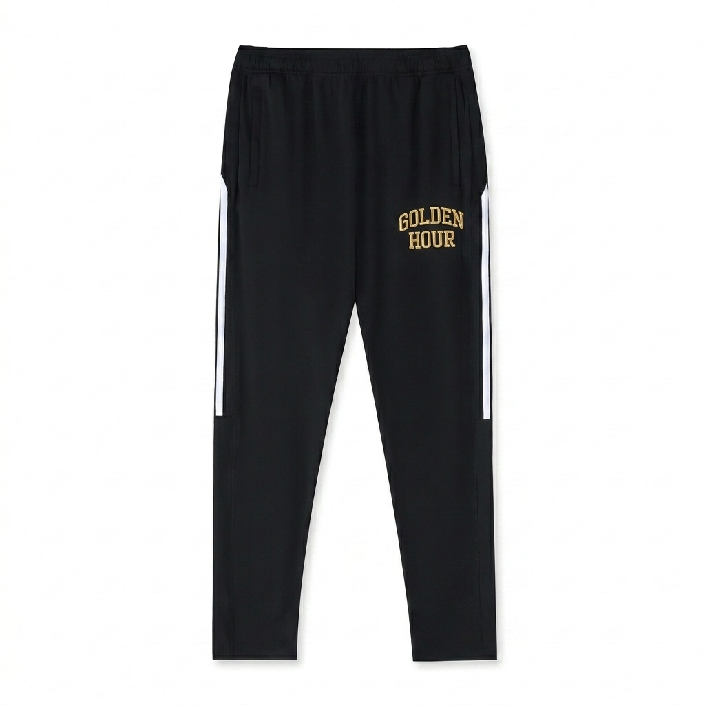 Custom Side Stripe Running Pants design direction 3: Varsity Stacked Text featuring the GOLDEN HOUR wordmark