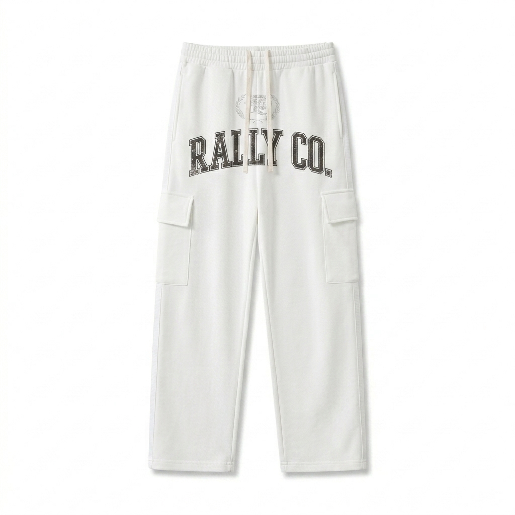 Custom Side Stripe Straight-Leg Pants design direction 2: Varsity Athletic Graphic featuring the RALLY CO. wordmark