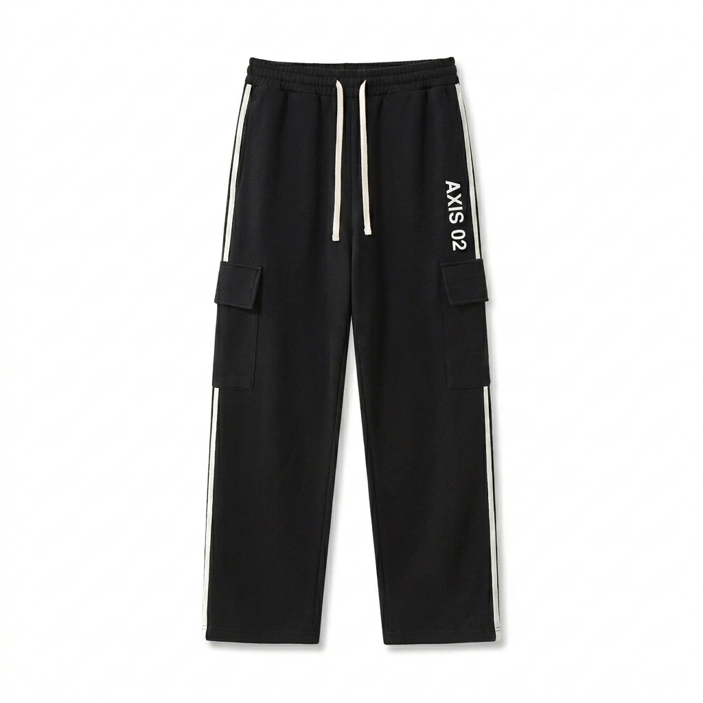 Custom Side Stripe Straight-Leg Pants design direction 3: Abstract Typographic Detail featuring the AXIS 02 wordmark