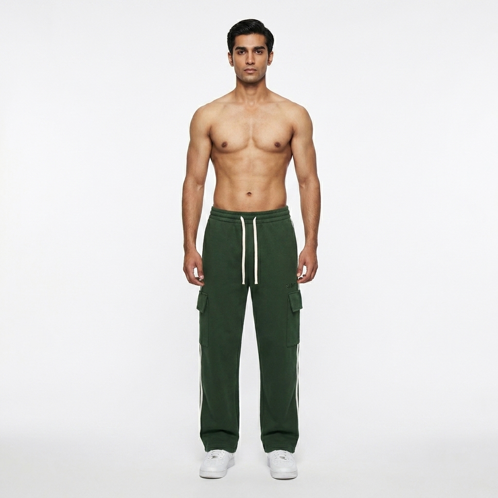 Side Stripe Straight-Leg Pants worn by a lean Pakistani male fashion influencer, sporty athleisure styling, studio lookbook — custom side stripe straight-leg pants